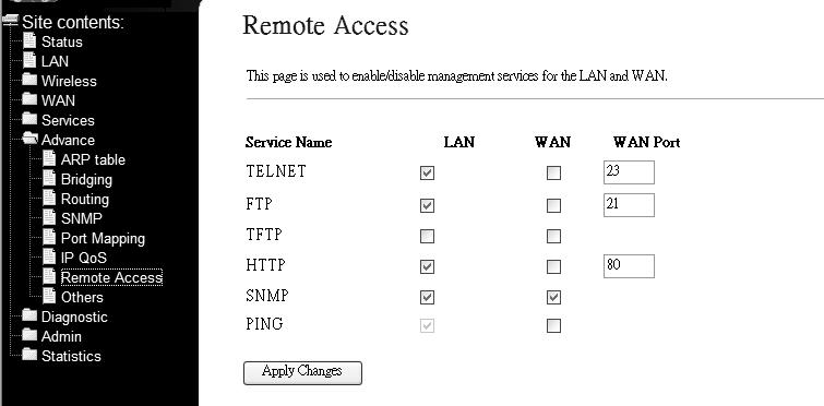 3.5.7 Remote Access The Remote Access function can secure remote host access to your DSL device from LAN and WLAN interfaces for some services provided by the DSL device.