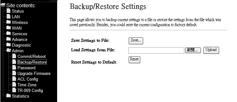 3.7.2 Backup/Restore This page allows you to backup and restore your configuration into and from file in your host. 3.7.3 Password The first time you log into the system, you use the default password.