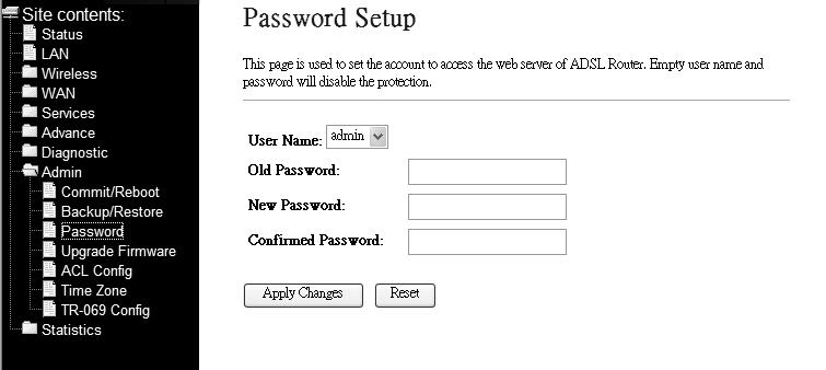 The admin and system password configuration allows you to change the password for administrator and user.