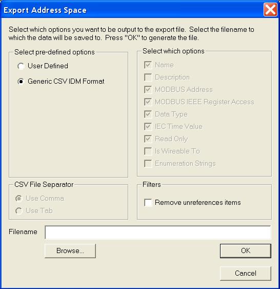 Figure 10 Export Address Space Dialog Box A sample of rows showing the Loop1.Main parameters is shown in Table 2.