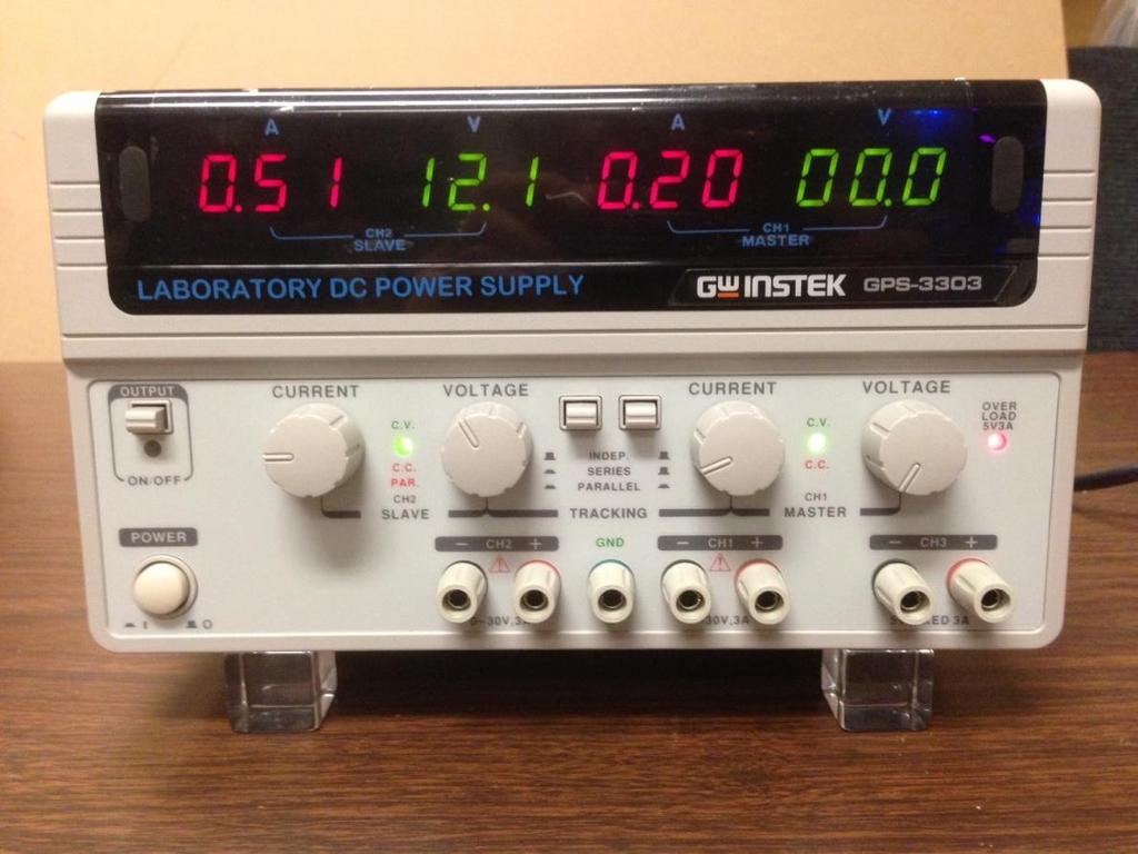 The image of the bench Power Supply shows that it contains three independent Power Supplies with attached lead sets.