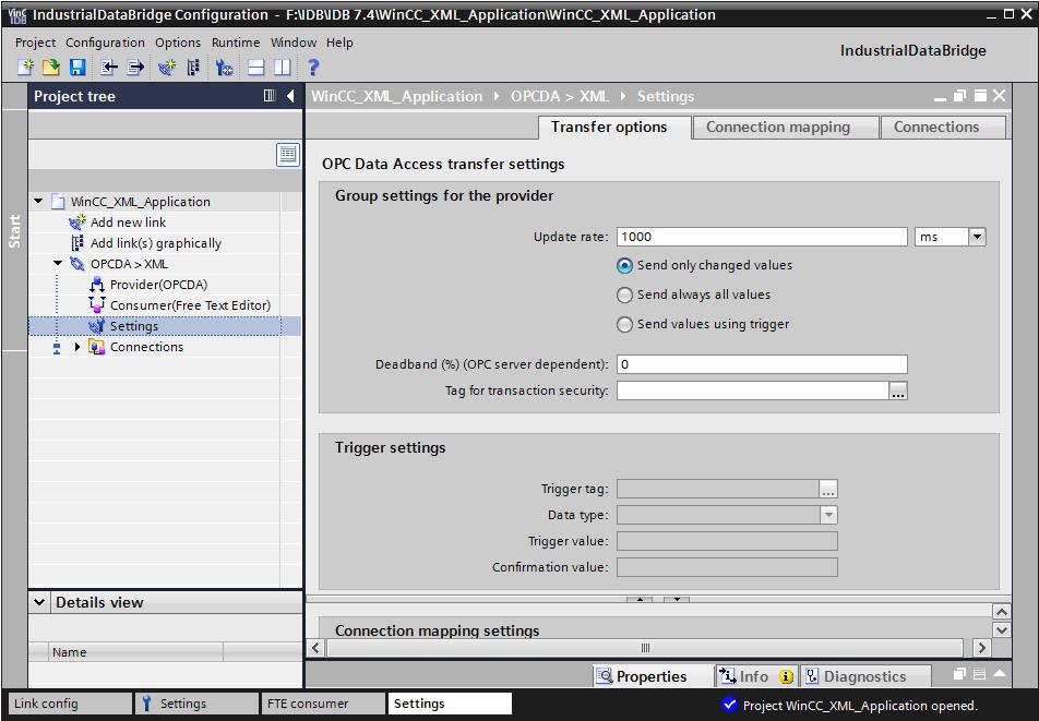 3.3.5 Configuring the link settings Double-click the Settings node in the project tree and open the Settings window in the work area.