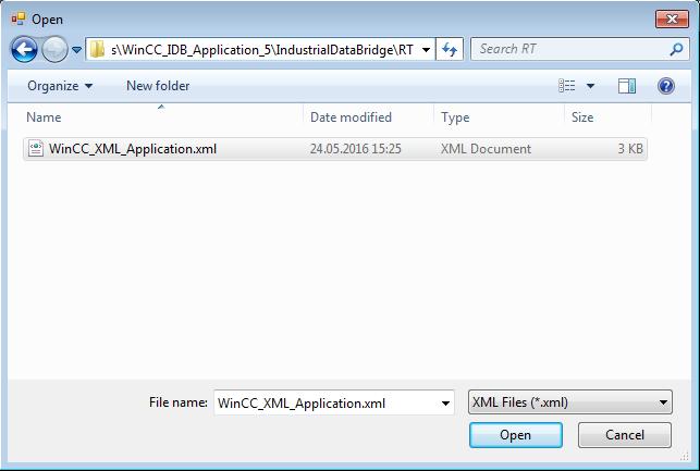 3.4 Generating IDB Runtime configuration 6. In the Open browser window, select the IDB configuration file WinCC_XML_Application.