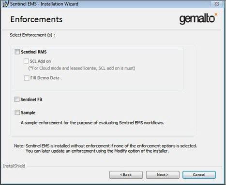 10 Sentinel EMS 4.1 - Release Notes Enforcements Screen in the Sentinel EMS Installer The table below lists the enforcements supported in Sentinel EMS v4.