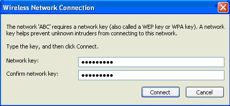 If the network is security-enabled, you will be prompted to enter the key as shown below.