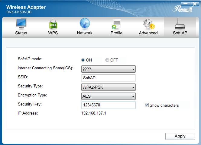 Figure 5-3 SoftAP mode: Select to enable or disable the function. Internet Connecting Share(ICS): Specify a connection through which devices connected to your AP can access the Internet.