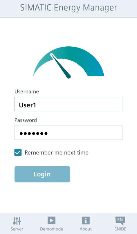 Establish connection to SIMATIC Energy Manager PRO 2.1 Startup and login Procedure To log into the app, follow these steps: 1. Enter your user name.