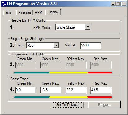 3.2.4 Display 1. Needle Bar RPM Config: You are able to select between Single Stage or Progressive shift light.