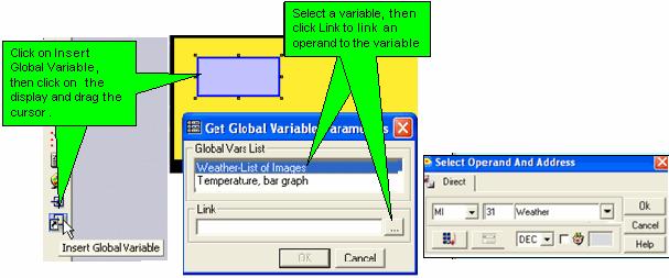 Select a variable, then click Link to open the Select Operand and Address box and link an operand to the variable; the operand address appears in the Link