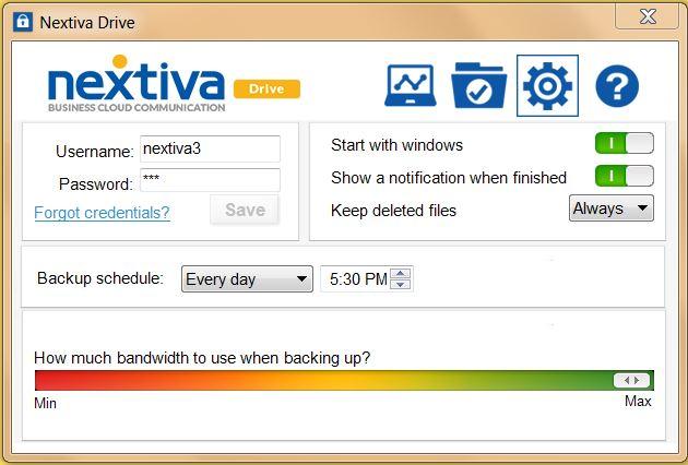 Nextiva Drive Application Desktop Client Settings Screen In the Settings screen, you can change how often and when a backup takes place and whether or not you d like to be notified when a backup is