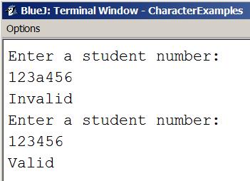 4.2. CHARACTER 127 Below is the output from ValidateStudentNumber.java for two runs of the program. Exercises 5. Java allows char values to be used directly in arithmetic expressions.