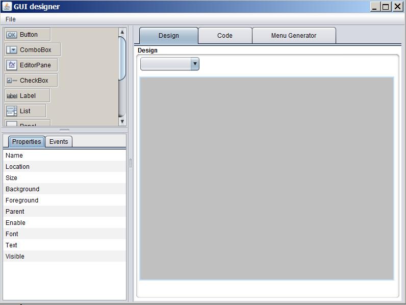 4 where, of the three tabs, the Design tab is selected showing a large blank area where you draw the GUI using drag and drop features of the builder. Figure 9.