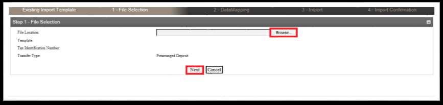 Import Existing ACH Transfers Browse for the File Location.