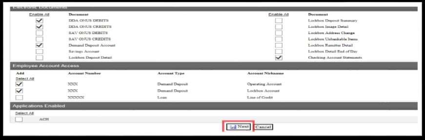 Electronic Documents New Users Place a in the for each type of account you have (DDA is a checking, SAV is a savings) if the user is allowed to view these transactions and accounts.