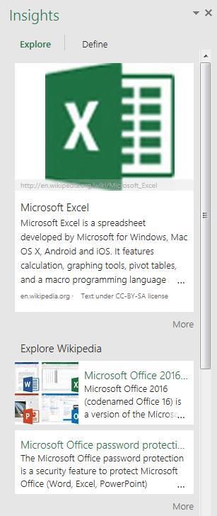Smart Lookup Enables text written in Excel 2016 to be searched through Bing providing