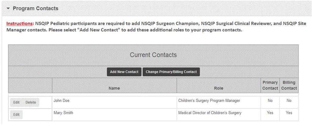 Resources, and NSQIP Pediatric Resources: Information under the Institution Identification, Institution Profile, and Program Contacts will be pulled from your Pre-Application.