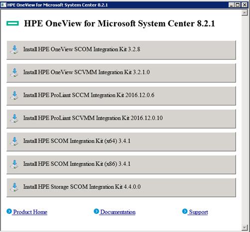 HPE installers This image shows clickable product labels that link to the installers that deploy and configure HPE extensions to Microsoft System Center.