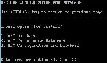 Restoring AFM Database Files To restore AFM database files, use the Restore Database option. To restore configuration or performance history, select a file type to restore.