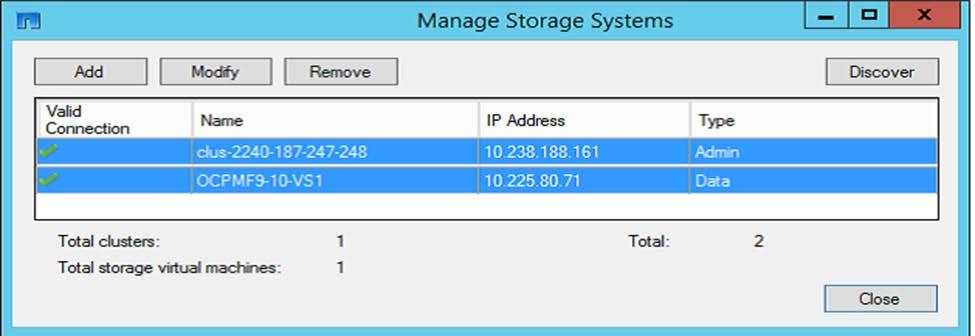 Figure 8) List of clustered Data ONTAP systems and SVMs in the Manage Storage Systems window.