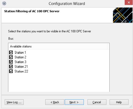 Initial Configuration Section 1 AC 100 OPC Server Installation 10. The OPC Server Filtering dialog will appear. Select the stations to be visible in the OPC Server. 1 Figure 13.
