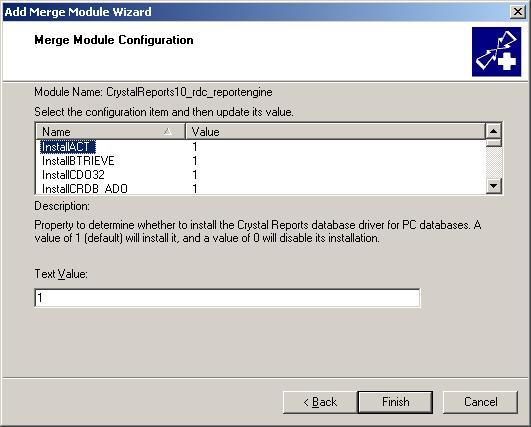 Each of the merge module options corresponds to a driver in the table listed below. Setting the value for a specific driver to 1 will cause the driver to be installed with your application.