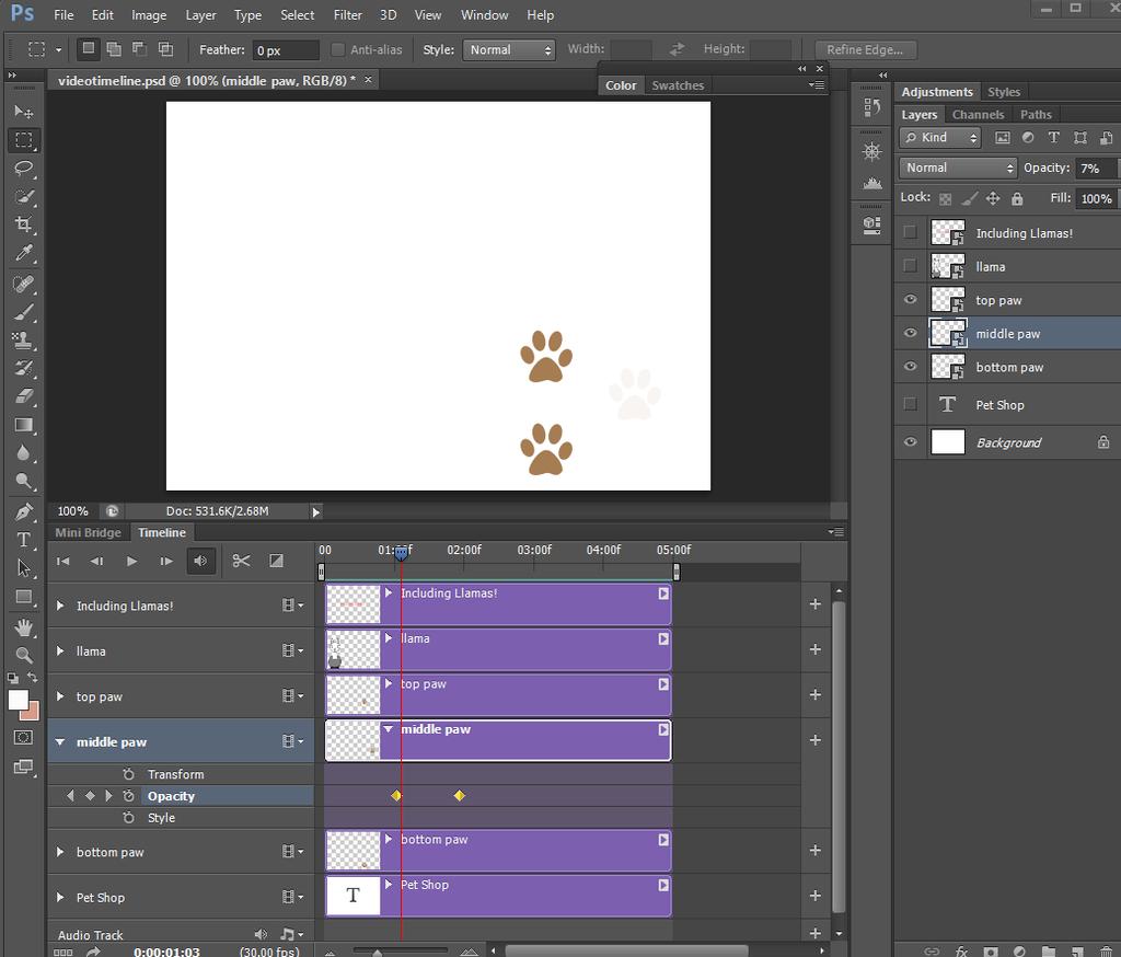You are now going to animate the middle paw. 31. Collapse the bottom paw in the Timeline tab. Expand the middle paw layer in the timeline and make sure that layer is highlighted. 32.