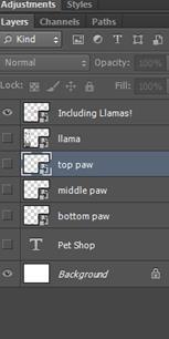 Animating the Including llamas! text 40. From the Layer Manager Pane on the right side, turn off the visibility of the paws, and turn on the visibility of the Including Llamas! layer. 41.