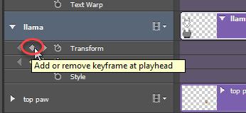 52. Without moving the playhead bar (keeping it at 10f after 02:00f), press the Add or remove keyframe at playhead button (the diamond circled in red) corresponding to Transform in the llamas