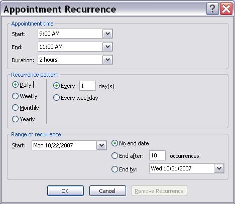 6. Create a Recurring Appointment (Applies to Tasks also) Create a new appointment (From the File pull-down menu, choose: File, New, Appointment.