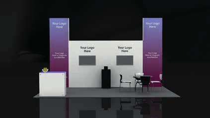 RECTANGULAR BOOTH: 10' x 20' includes the following: 1 x Reception desk 2 x Bar stools 4 x Stack chairs 4 x Company logo 1 x Black pedestal 1 x Glass conference table Carpet