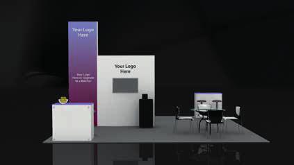 BOOTH: 20' x 20' includes the following: 2 x Reception desks 4 x Bar stools 2 x Glass conference tables 8 x Stack chairs 5 x Company logo 1 x Black pedestal Carpet