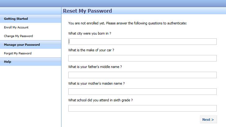 Figure: Answer the Security Questions when enrolling your account Click Next. Select the Change My Password link.