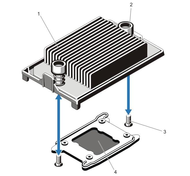 Figure 29. Removing and Installing the Heat Sink 1. heat sink 2. retention sockets (2) 3. retention screws (2) 4. processor 8. 9. CAUTION: The processor is held in its socket under strong pressure.