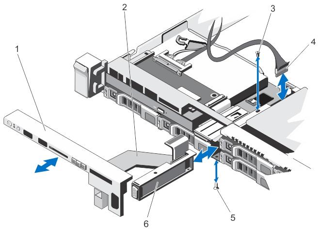 Figure 51. Removing and Installing the VGA Module 1. control panel 2. display module cable 3. screw (top) 4. VGA module cable 5. screw (bottom) 6.