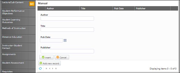 Add software in the Software area. Add the Title, Edition, Publisher, and Description in the appropriate textboxes, and then click Insert or Cancel. Click Add New Record to enter additional textbooks.