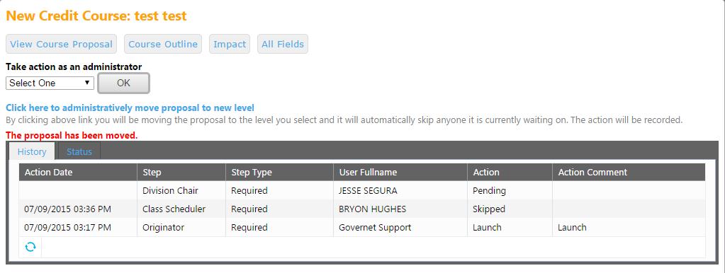 The admin screen will now show a red confirmation that the proposal has been moved.