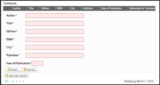 Add all books in the Textbook section. Add the Author, Title, Edition, ISBN, City, Publisher and the Year Published in the textboxes, and then click Insert.