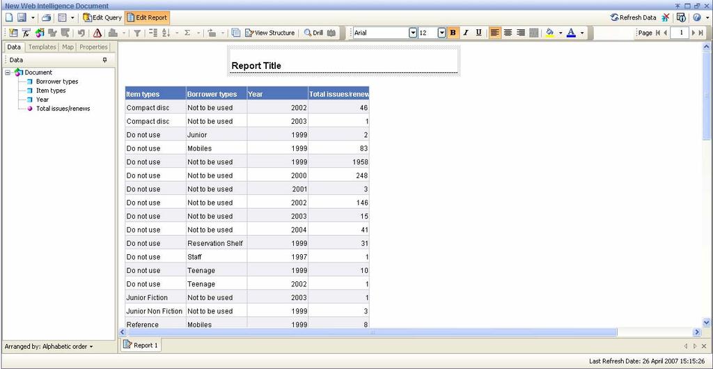 6.1 Edit Report View The Edit Report view allows the document to be created and contains a number of panes and toolbars.