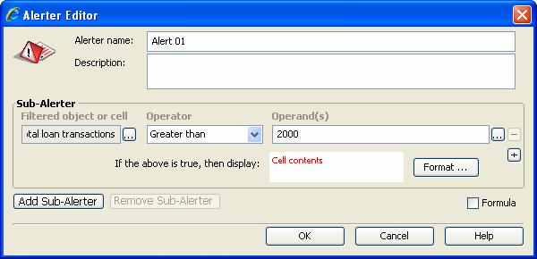 Up to 30 alerters can be created per document. These 30 alerters can be applied up to 20 different columns, rows, free-standing rows or section cells.