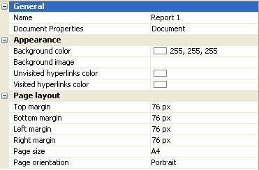8.1 Report Properties The report properties are: Group Options Description General Appearance Page Layout Name The report display name Document Will display Document Properties pane.