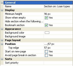 8.3 Section Properties The report properties are: Group Options Description General Name The section name. It will default to Section on: followed by the object on which the section is built.