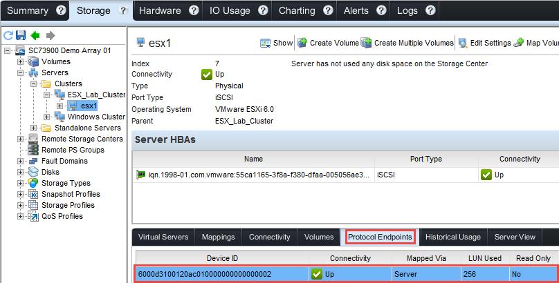 Verify a protocol endpoint has been automatically assigned by the SC Series array to the vsphere host.