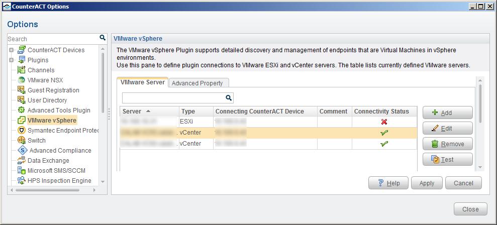 Test the VMware Connection You can test the plugin communication with a VMware server. To test communication: 1. In the VMware vsphere pane, select a VMware server defined in CounterACT. 2.