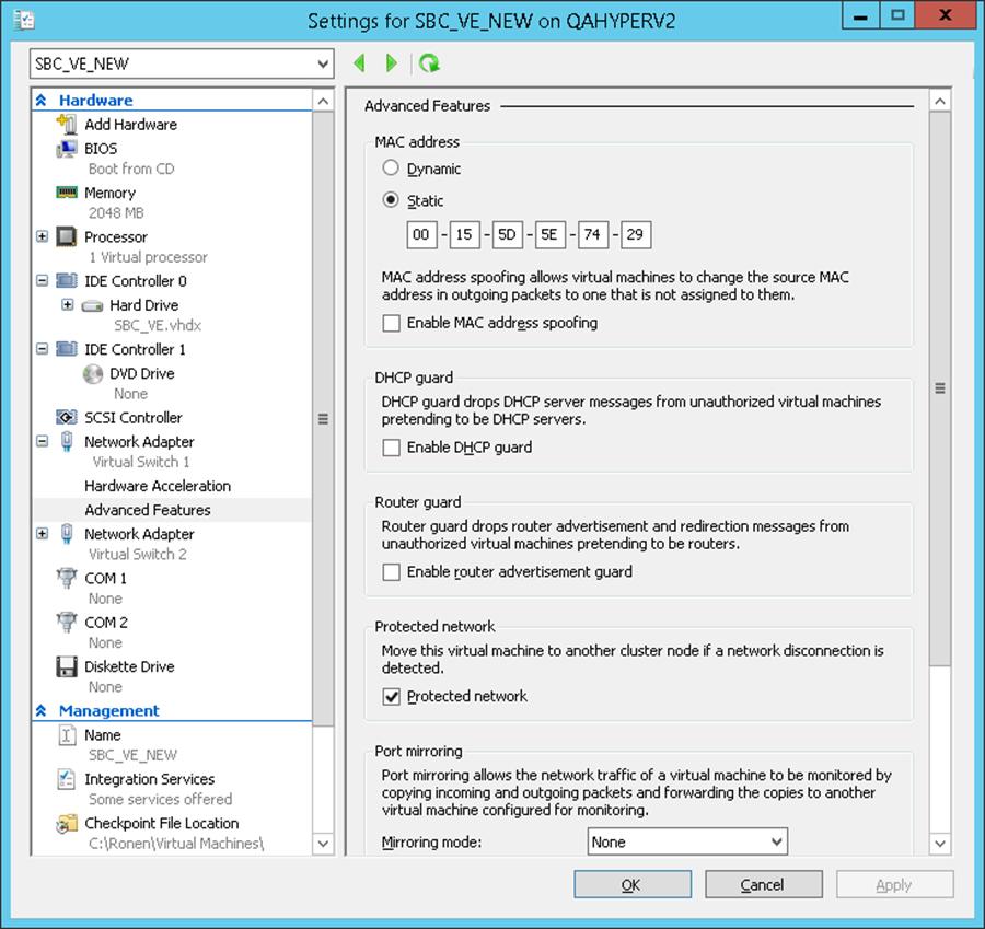 Mediant Virtual Edition SBC 2.5.1 Changing MAC Addresses to 'Static' in Microsoft Hyper-V This section shows how to change the MAC address to Static in Microsoft Hyper-V.