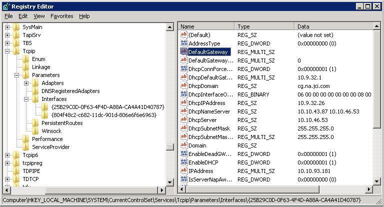 4. In the same window where your IP address appears, double-click DefaultGateway (Figure 4). The Edit Multi-String window appears. Figure 4: Default Gateway in Registry Editor 5.