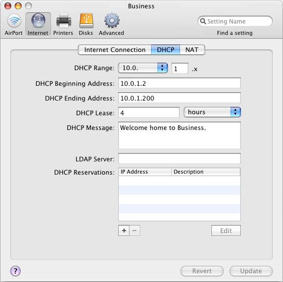 Setting DHCP and NAT Options If you chose Share a public IP address from the Connection Sharing pop-up menu, you can set DHCP and NAT options. Click DHCP.