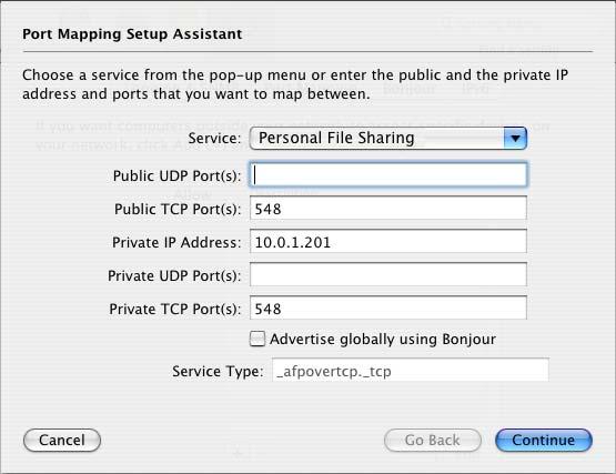 3 Click Add (+) and choose a service, such as Personal File Sharing from the Service pop-up menu. Type any additional information you need in the text fields.