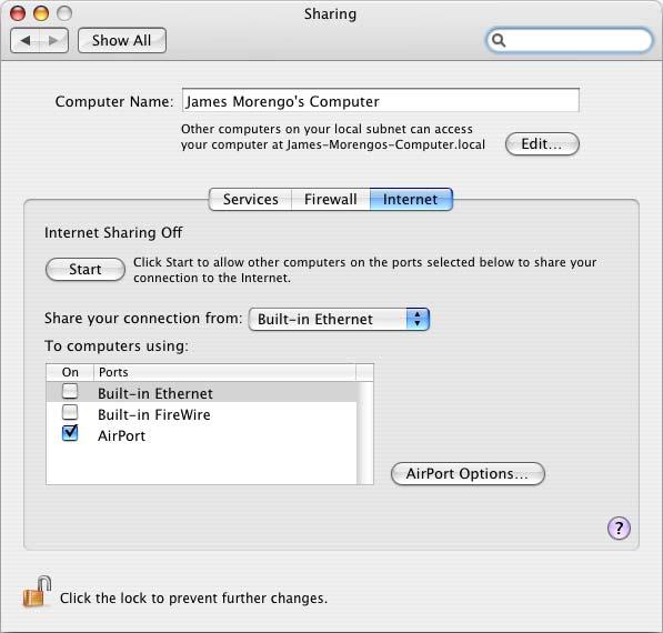 To start Internet sharing on a computer using Mac OS X: 1 Open System Preferences, click Sharing, and then click Internet.