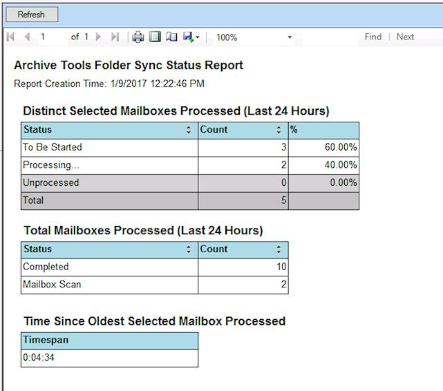 Monitoring and managing Folder Sync Viewing the Folder Sync status report 64 Viewing the Folder Sync status report The ArchiveTools Management Console includes a ArchiveTools Folder Sync status