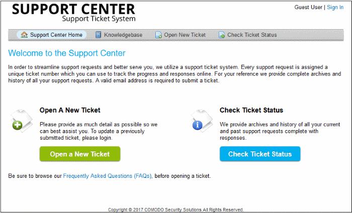 Click either the 'Open New Ticket' link at the top or the 'Open a New Ticket' button The new ticket screen